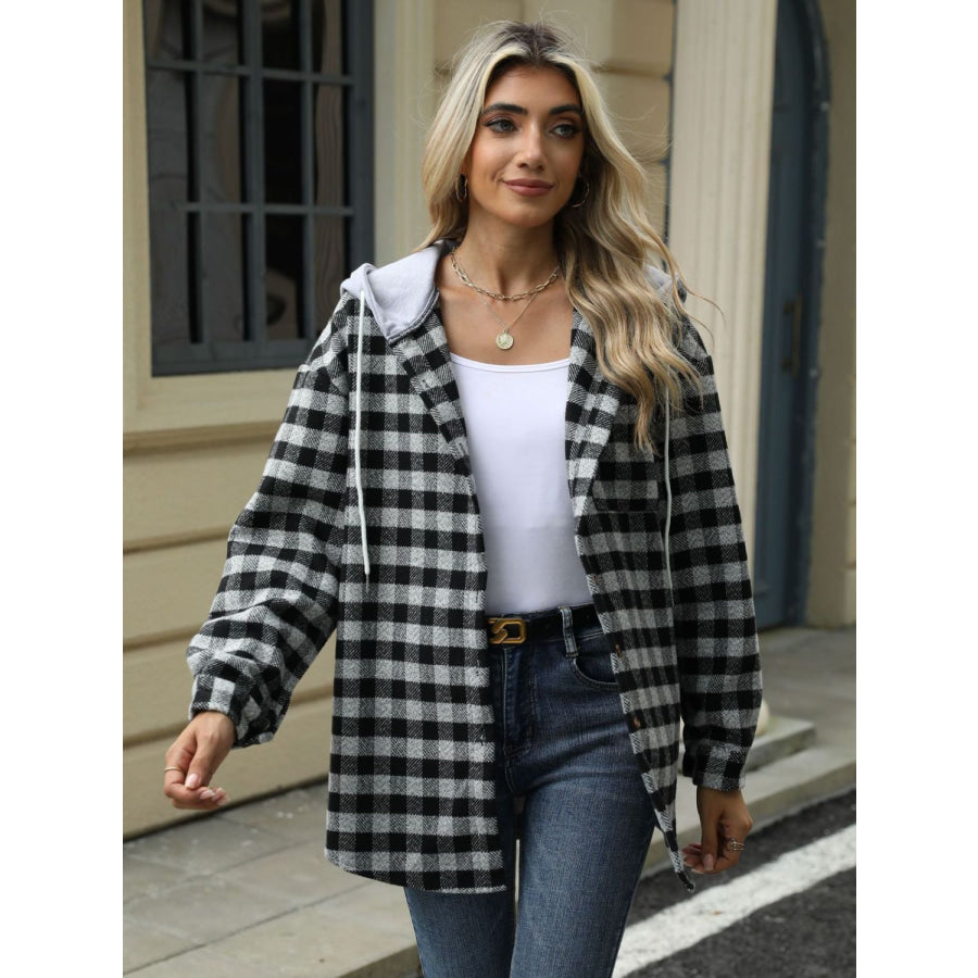 Drawstring Plaid Long Sleeve Hooded Jacket Apparel and Accessories