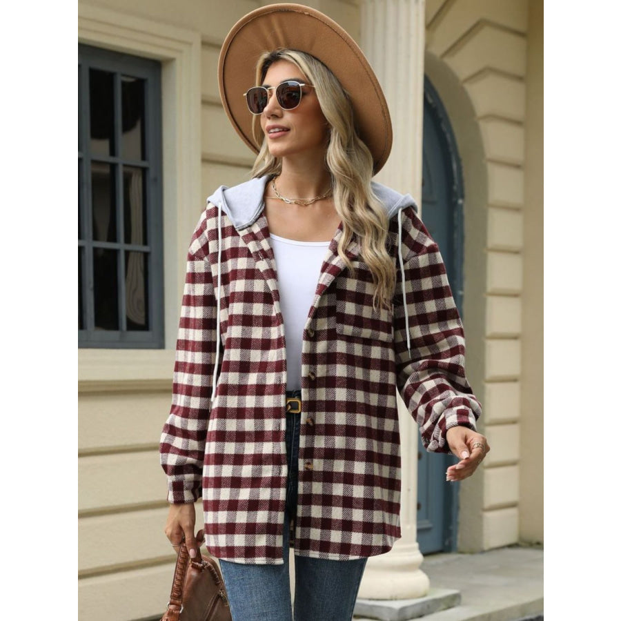 Drawstring Plaid Long Sleeve Hooded Jacket Apparel and Accessories