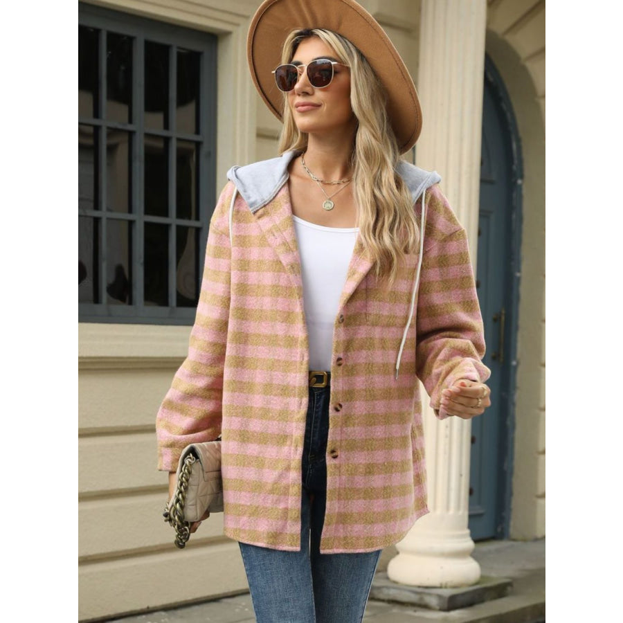 Drawstring Plaid Long Sleeve Hooded Jacket Apparel and Accessories