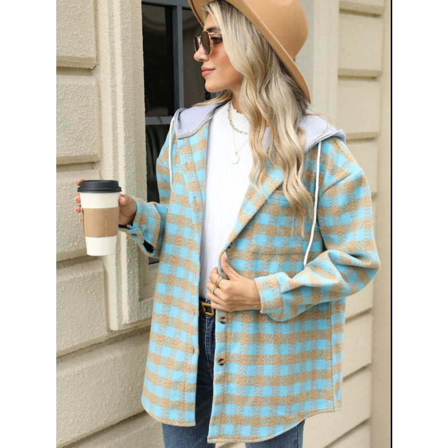 Drawstring Plaid Long Sleeve Hooded Jacket Apparel and Accessories