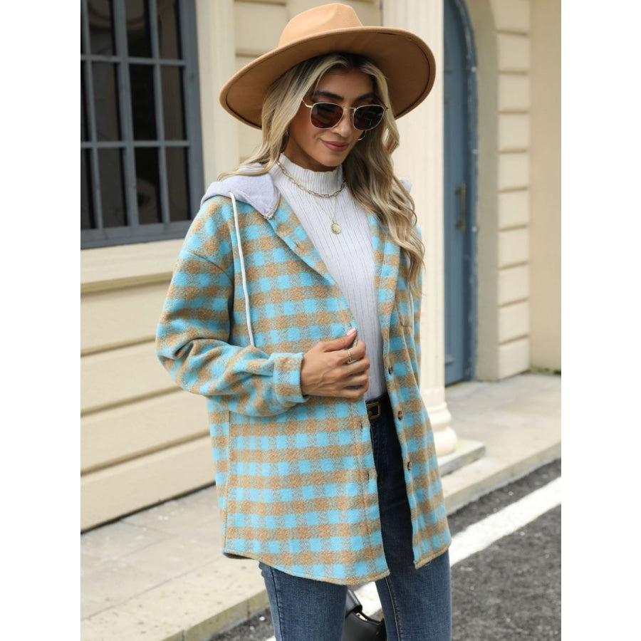 Drawstring Plaid Long Sleeve Hooded Jacket Apparel and Accessories