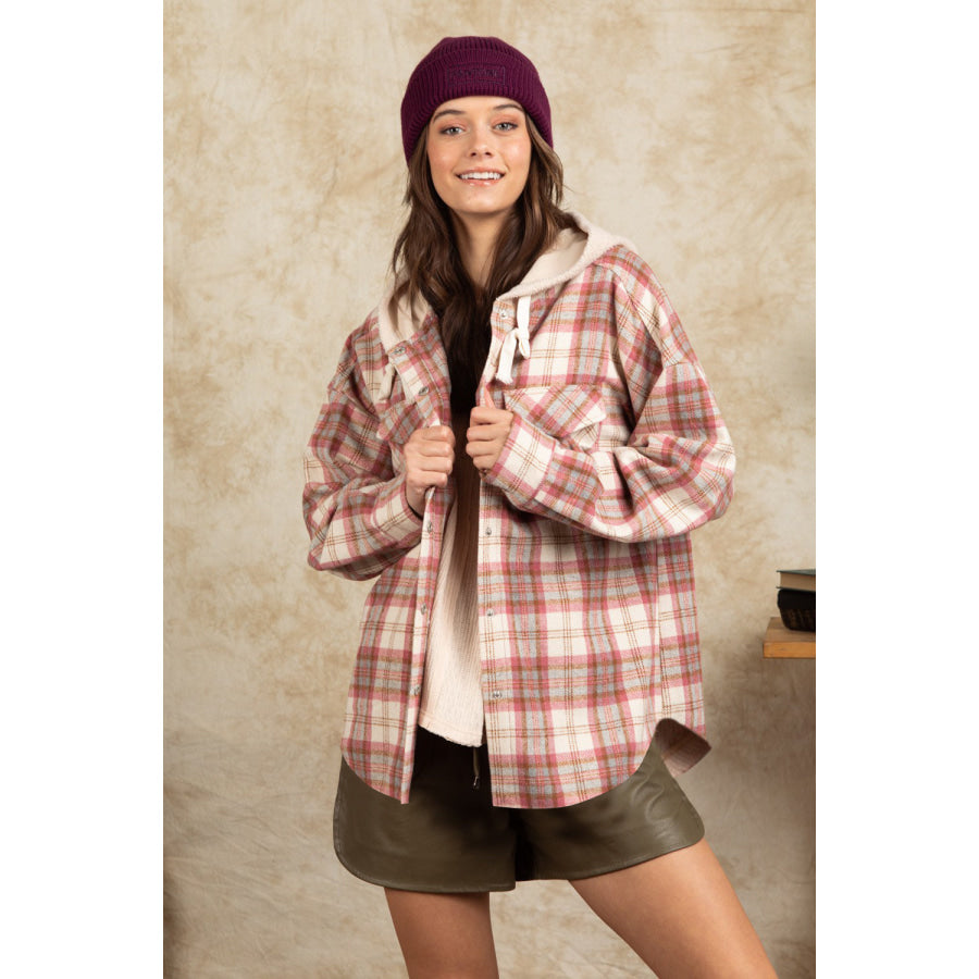 Drawstring Plaid Long Sleeve Hooded Jacket Apparel and Accessories