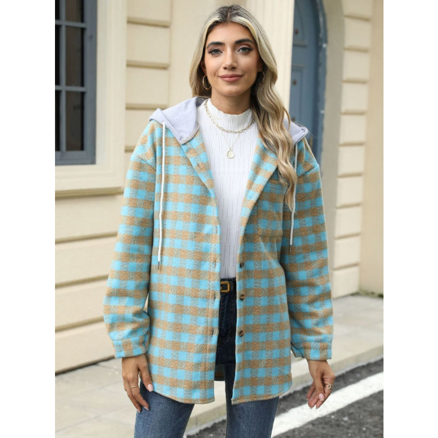 Drawstring Plaid Long Sleeve Hooded Jacket Apparel and Accessories