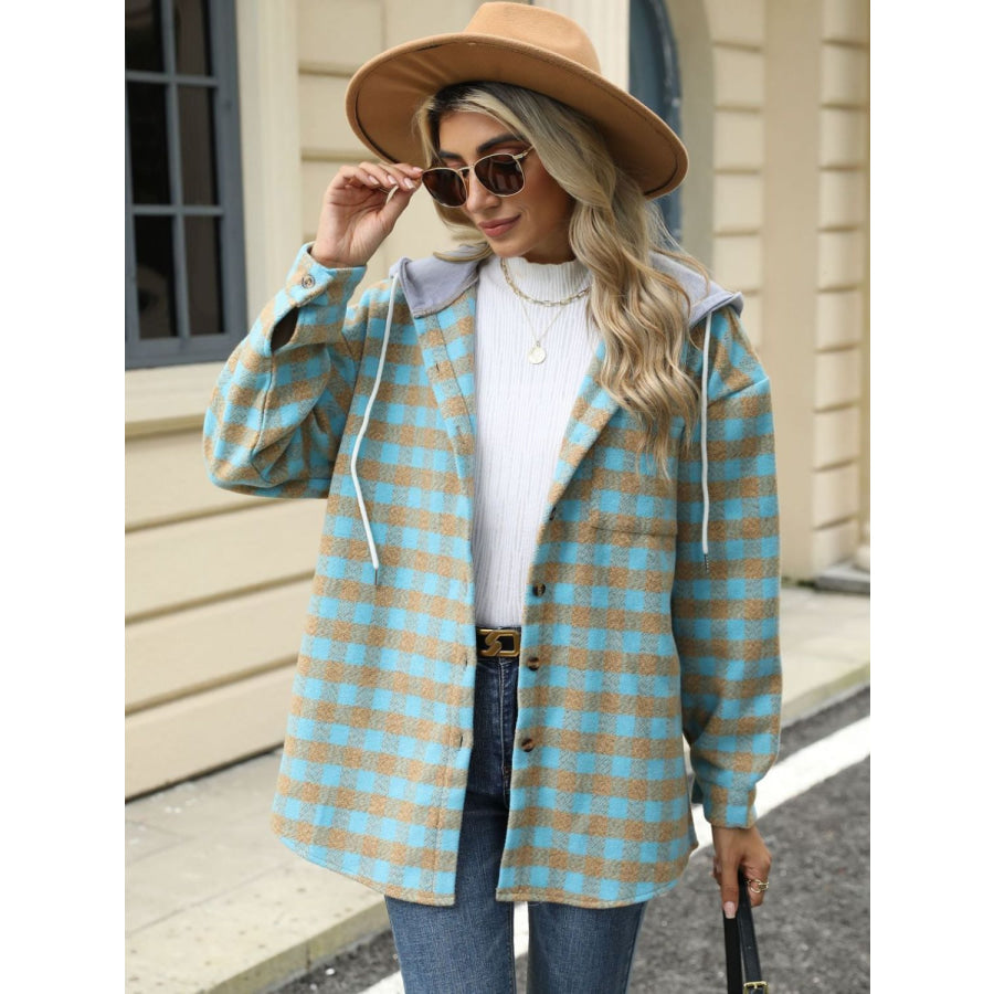 Drawstring Plaid Long Sleeve Hooded Jacket Apparel and Accessories