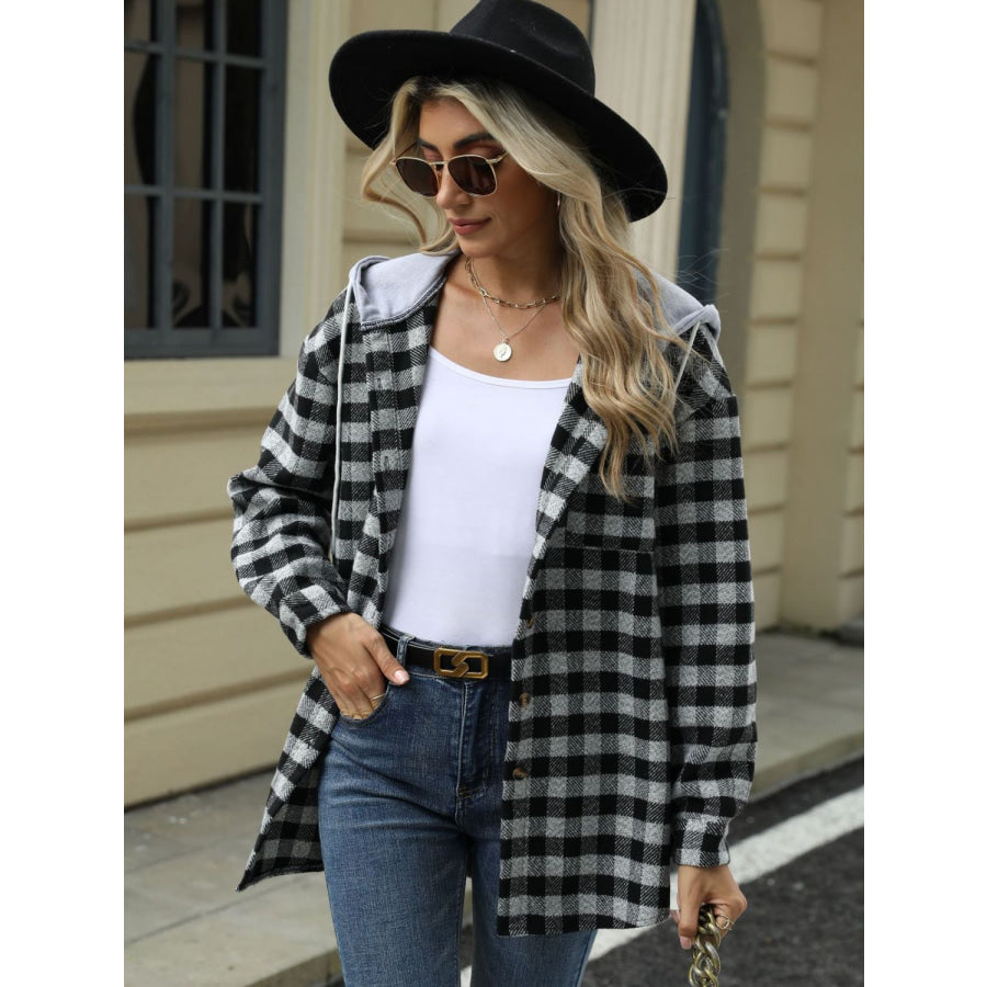 Drawstring Plaid Long Sleeve Hooded Jacket Apparel and Accessories