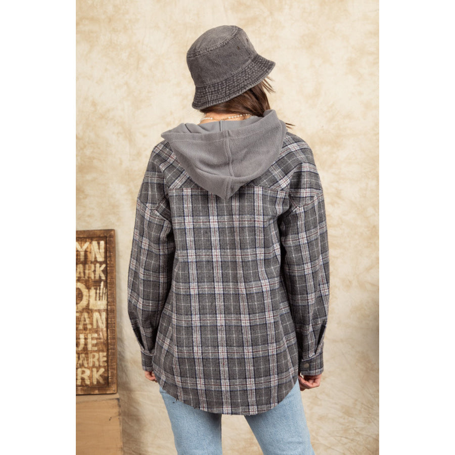 Drawstring Plaid Long Sleeve Hooded Jacket Apparel and Accessories