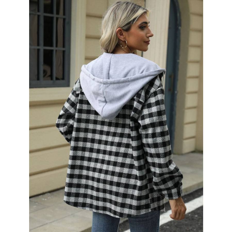 Drawstring Plaid Long Sleeve Hooded Jacket Black / S Apparel and Accessories