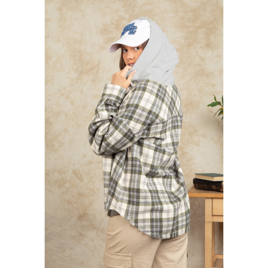 Drawstring Plaid Long Sleeve Hooded Jacket Apparel and Accessories