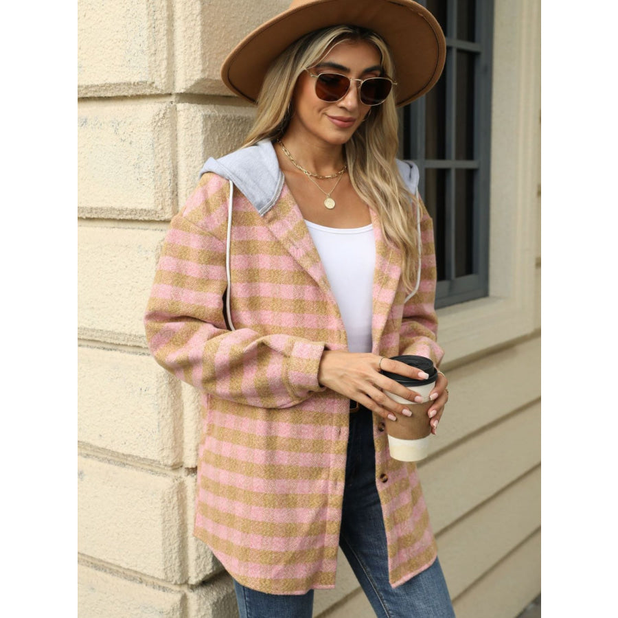 Drawstring Plaid Long Sleeve Hooded Jacket Apparel and Accessories