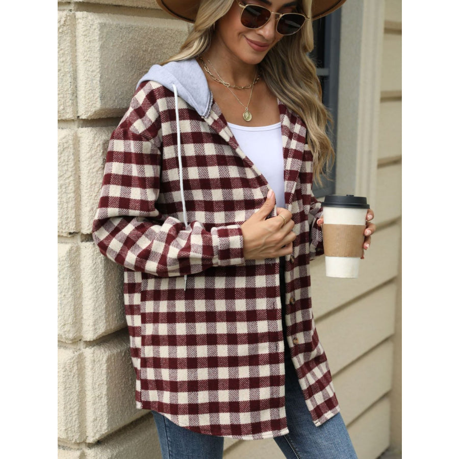 Drawstring Plaid Long Sleeve Hooded Jacket Apparel and Accessories