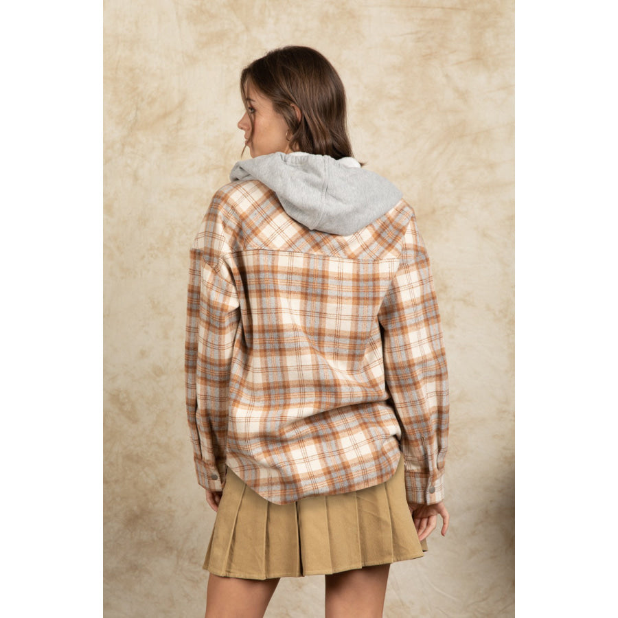 Drawstring Plaid Long Sleeve Hooded Jacket Apparel and Accessories