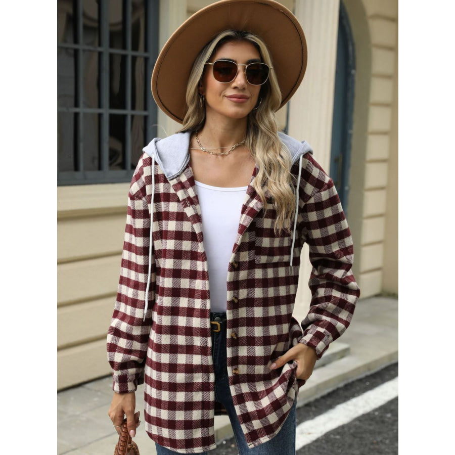 Drawstring Plaid Long Sleeve Hooded Jacket Apparel and Accessories