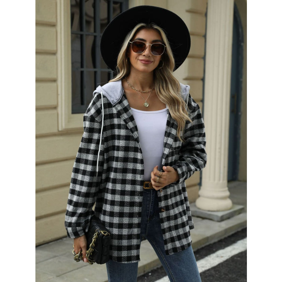 Drawstring Plaid Long Sleeve Hooded Jacket Apparel and Accessories