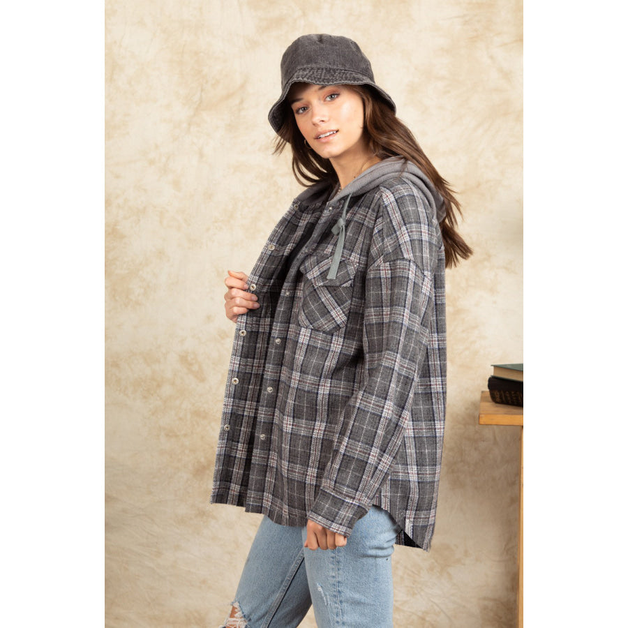 Drawstring Plaid Long Sleeve Hooded Jacket Apparel and Accessories