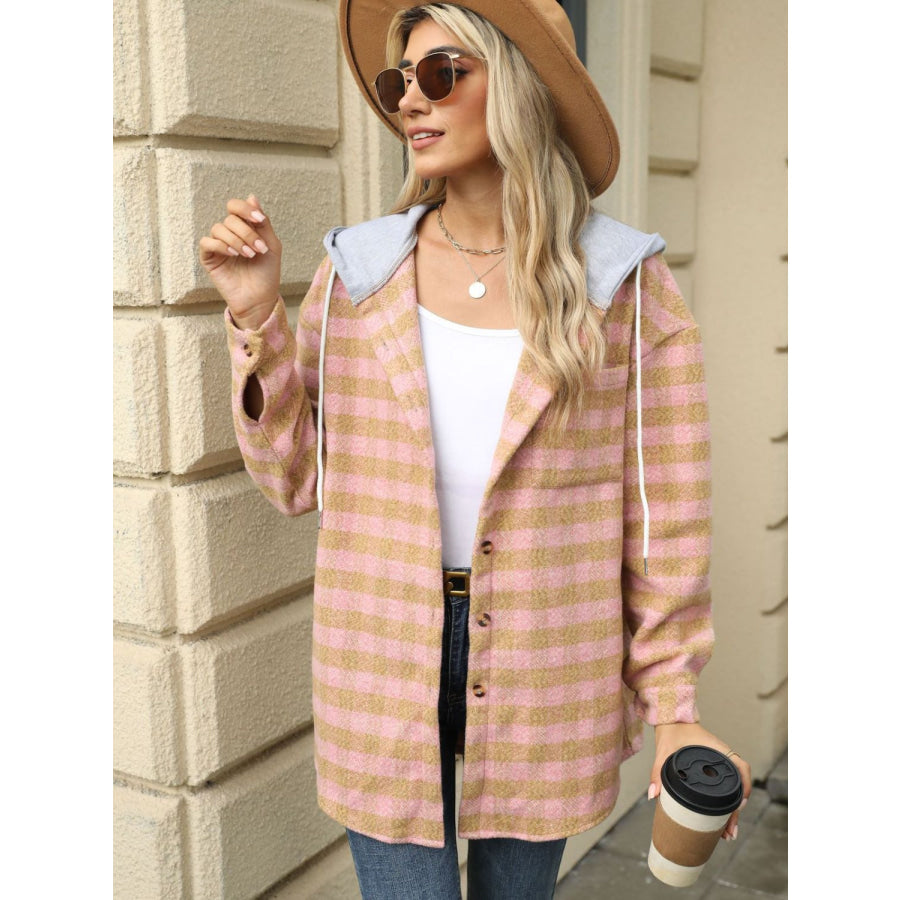 Drawstring Plaid Long Sleeve Hooded Jacket Apparel and Accessories