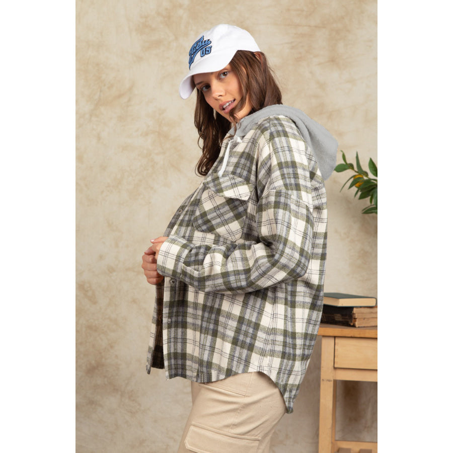 Drawstring Plaid Long Sleeve Hooded Jacket Apparel and Accessories