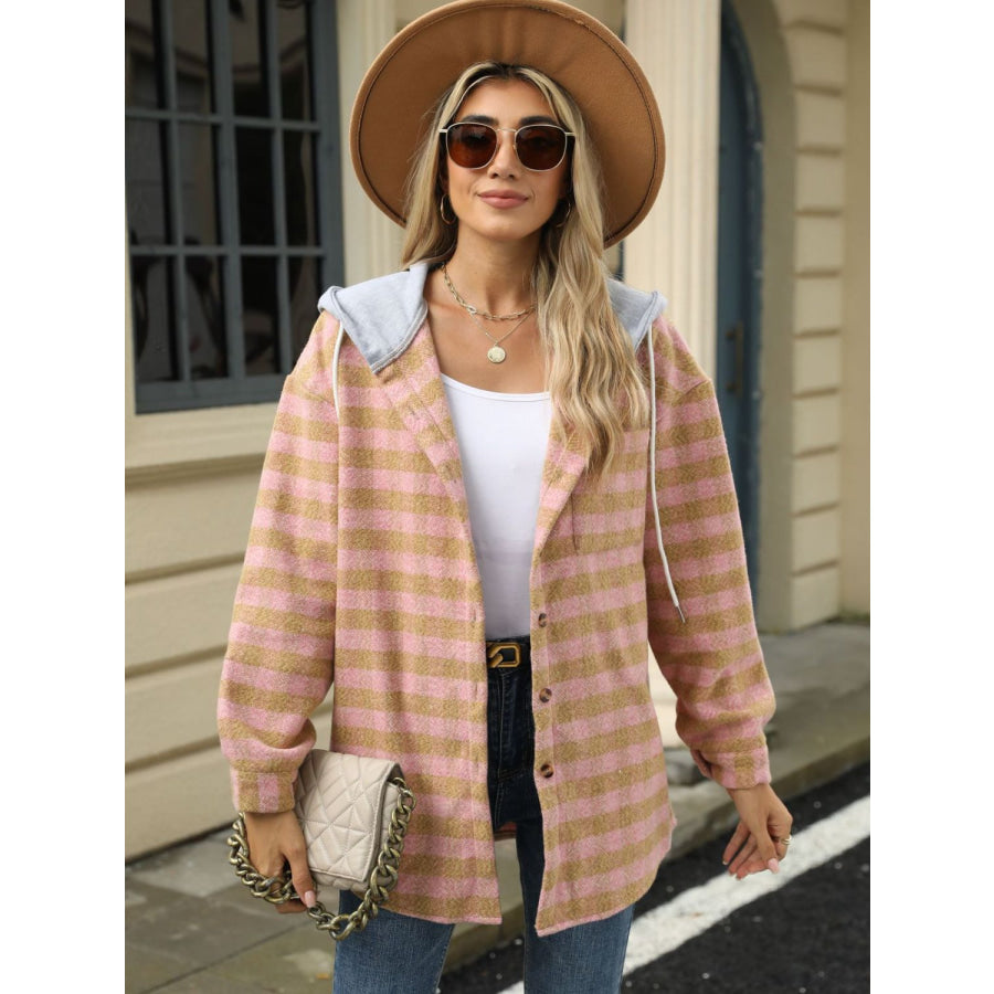 Drawstring Plaid Long Sleeve Hooded Jacket Apparel and Accessories