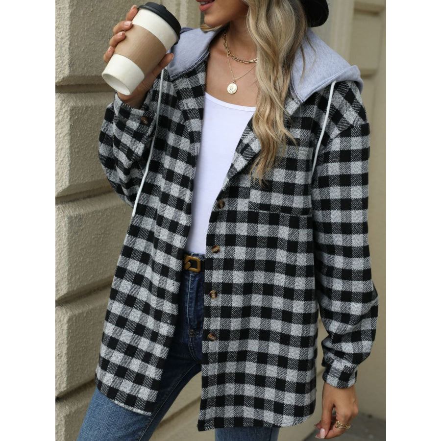 Drawstring Plaid Long Sleeve Hooded Jacket Black / S Apparel and Accessories