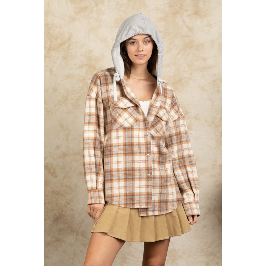 Drawstring Plaid Long Sleeve Hooded Jacket Camel / S Apparel and Accessories