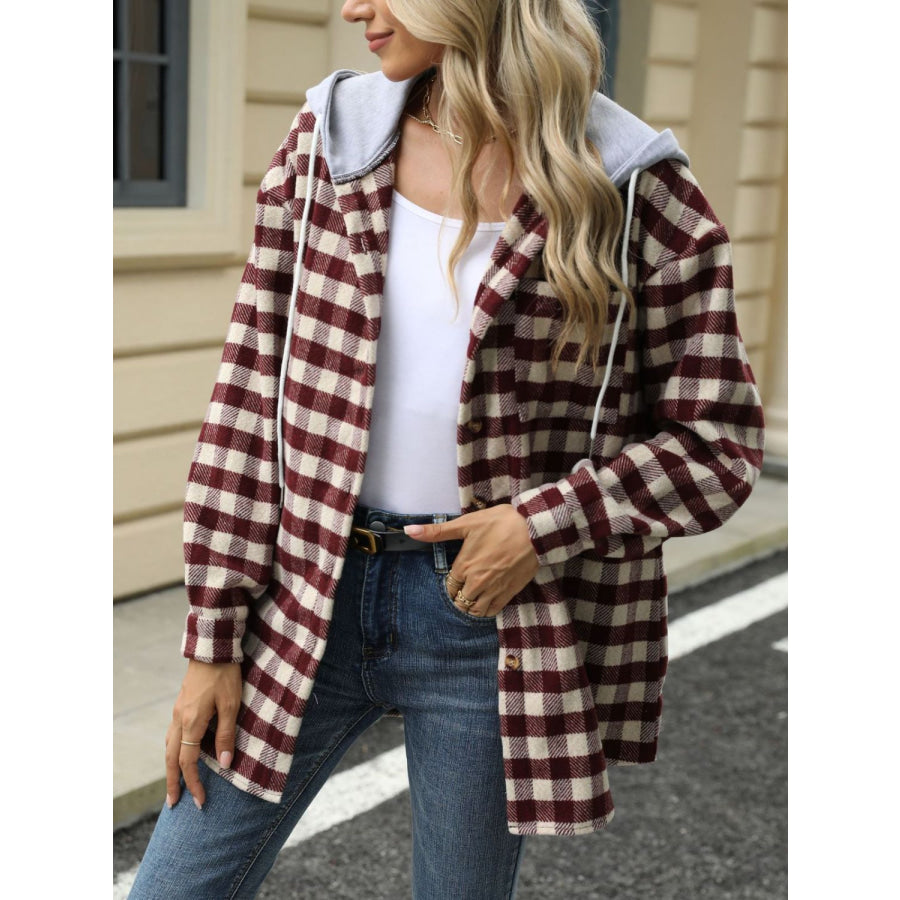 Drawstring Plaid Long Sleeve Hooded Jacket Dark Brown / S Apparel and Accessories