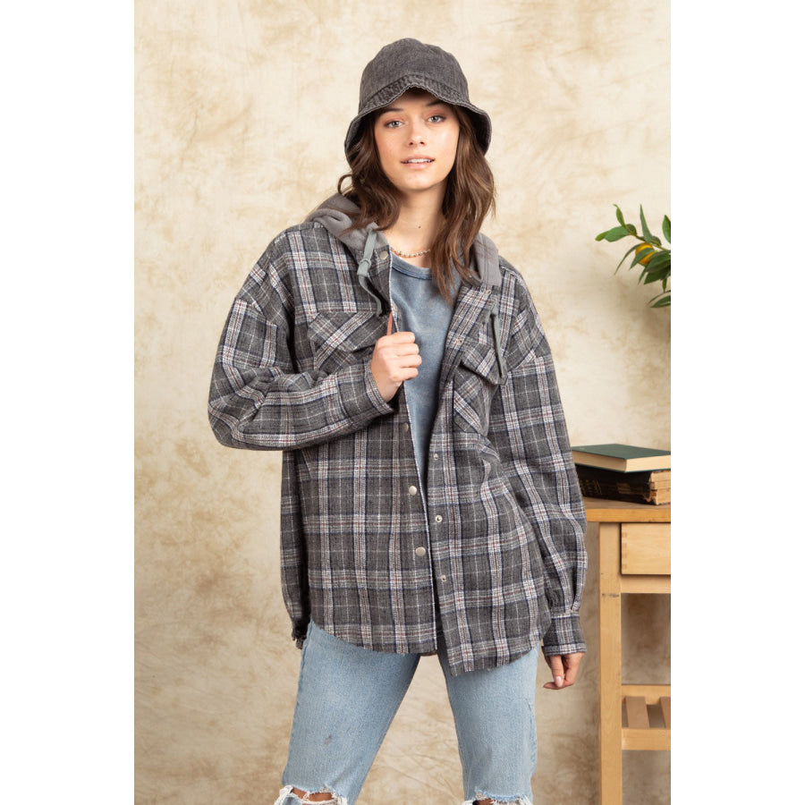 Drawstring Plaid Long Sleeve Hooded Jacket Dark Gray / S Apparel and Accessories