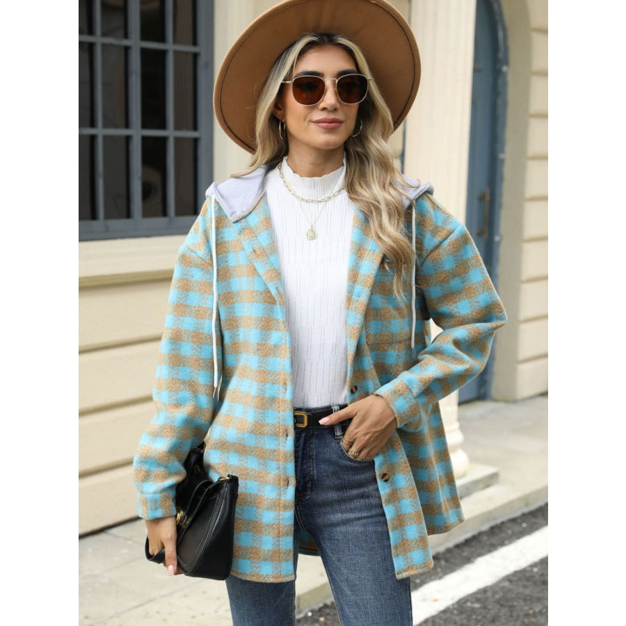 Drawstring Plaid Long Sleeve Hooded Jacket Pastel Blue / S Apparel and Accessories