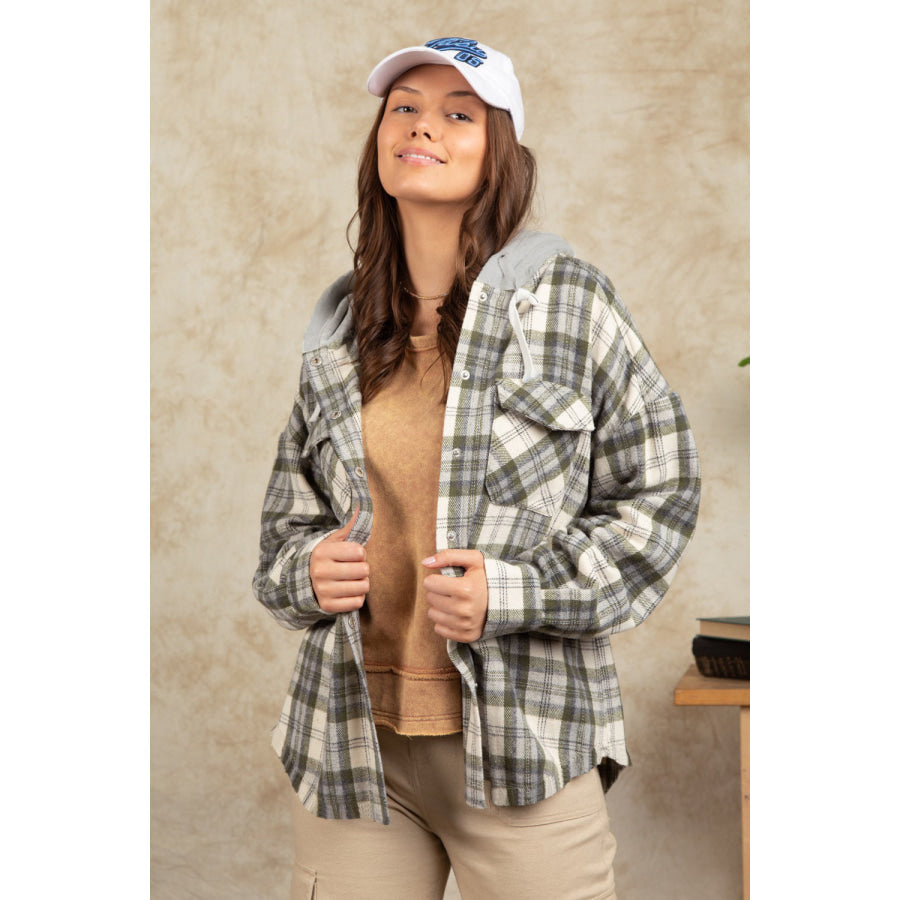 Drawstring Plaid Long Sleeve Hooded Jacket Sage / S Apparel and Accessories