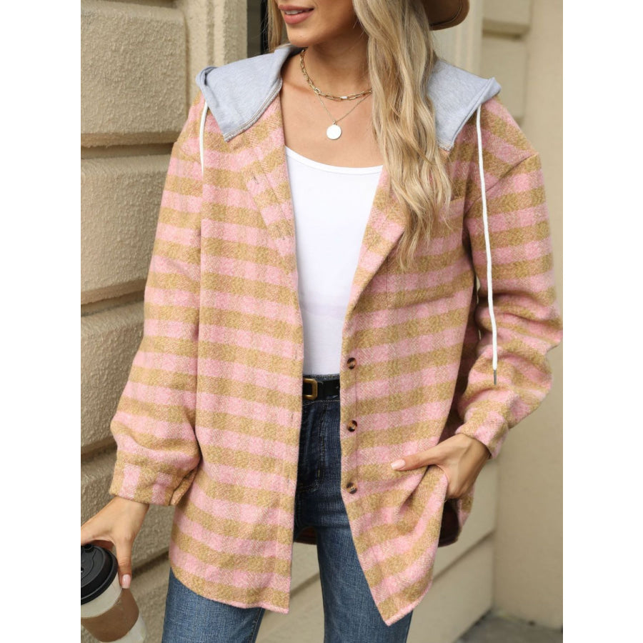 Drawstring Plaid Long Sleeve Hooded Jacket Sherbet / S Apparel and Accessories