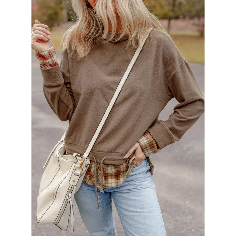 Drawstring Plaid Turtleneck Long Sleeve Top Apparel and Accessories