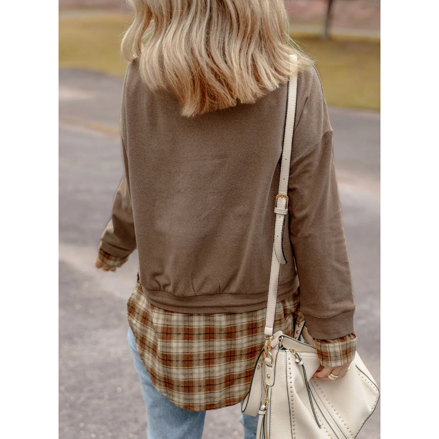 Drawstring Plaid Turtleneck Long Sleeve Top Apparel and Accessories