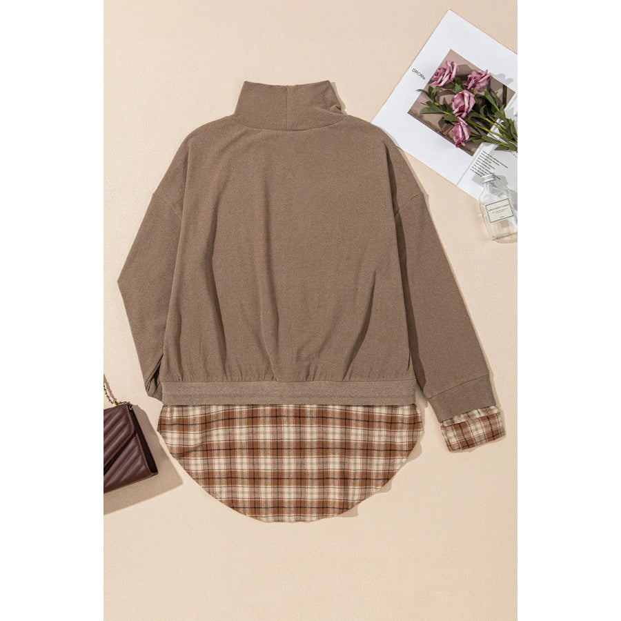 Drawstring Plaid Turtleneck Long Sleeve Top Apparel and Accessories