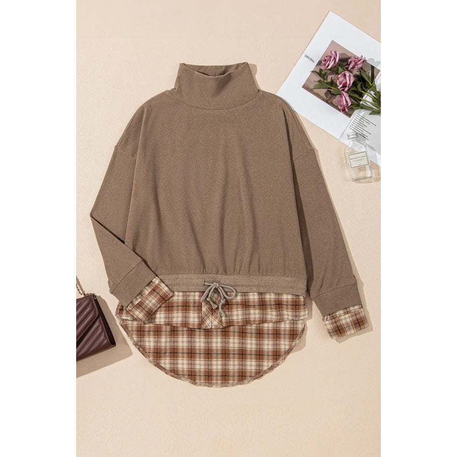 Drawstring Plaid Turtleneck Long Sleeve Top Apparel and Accessories