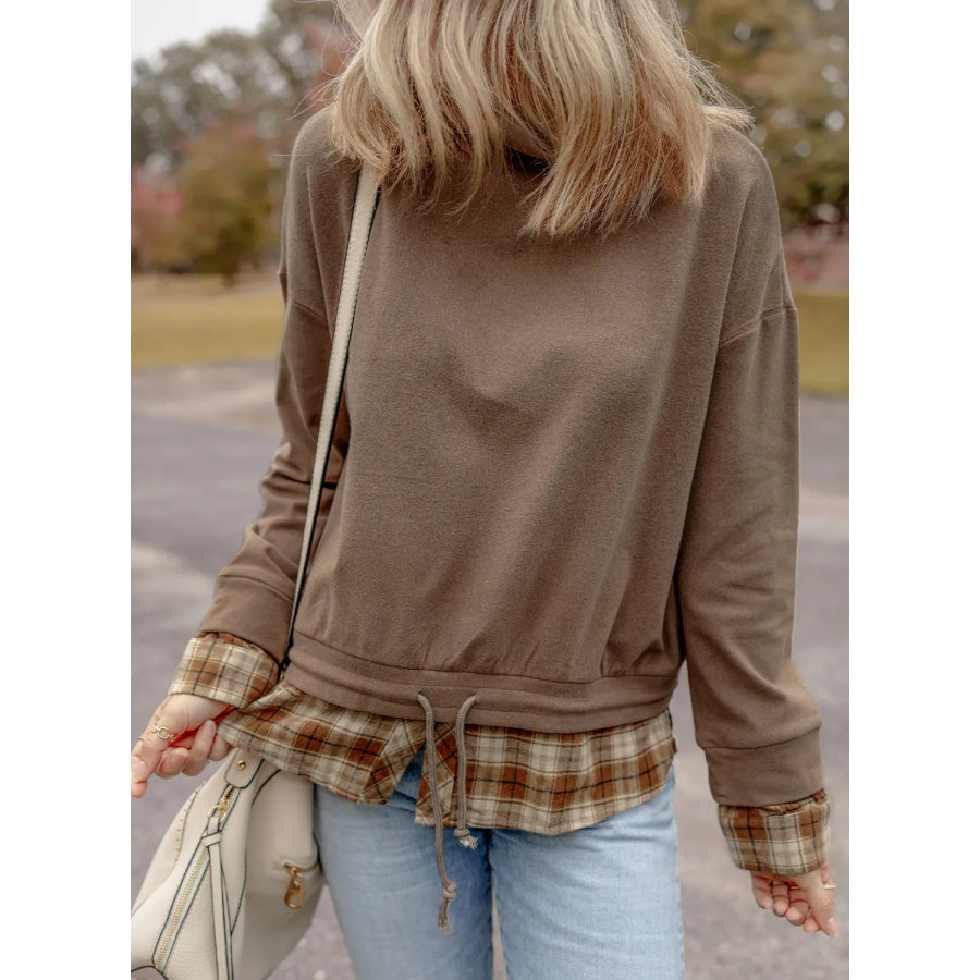 Drawstring Plaid Turtleneck Long Sleeve Top Mocha / S Apparel and Accessories