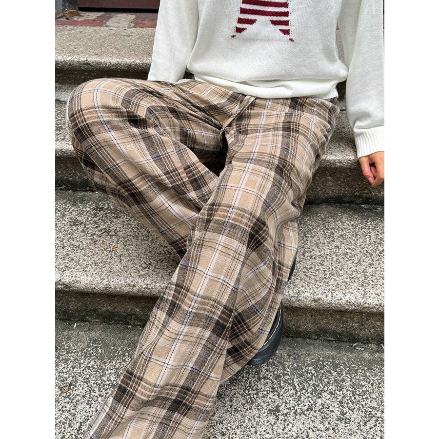 Drawstring Plaid Wide Leg Pants Apparel and Accessories