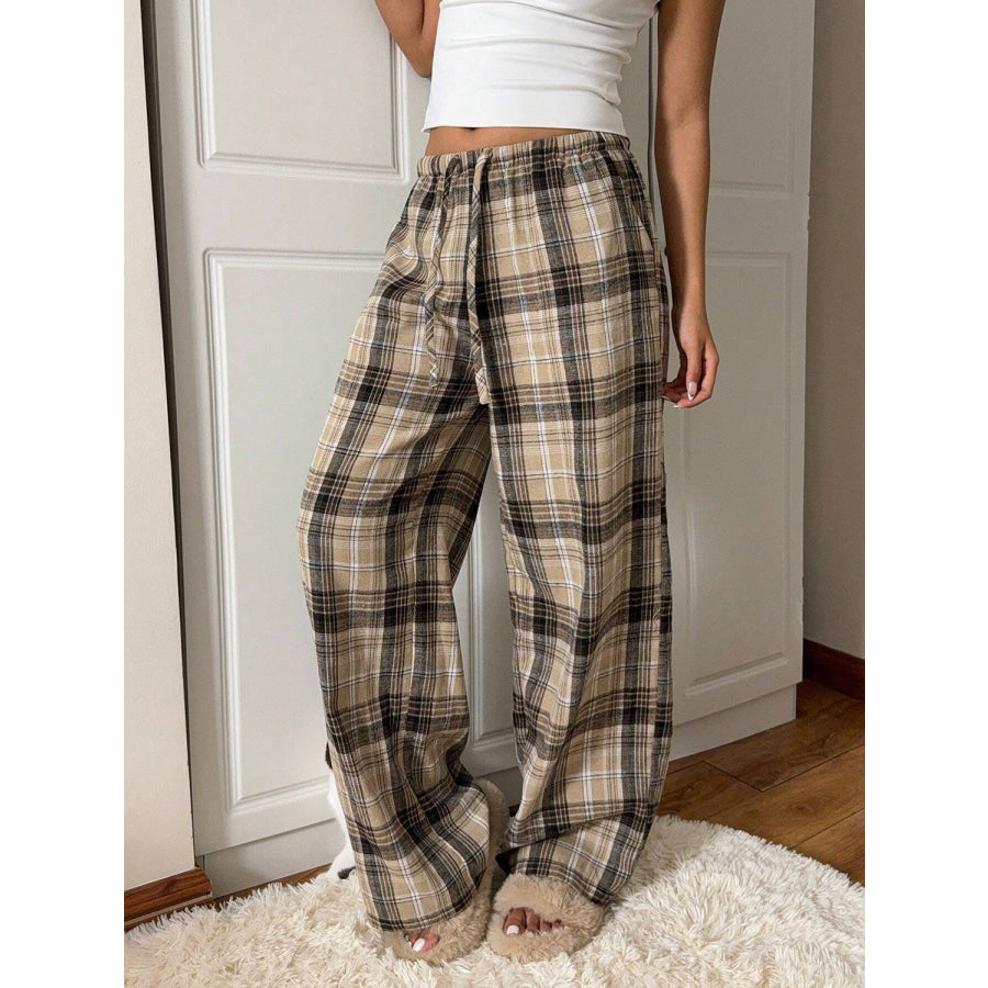 Drawstring Plaid Wide Leg Pants Tan / S Apparel and Accessories