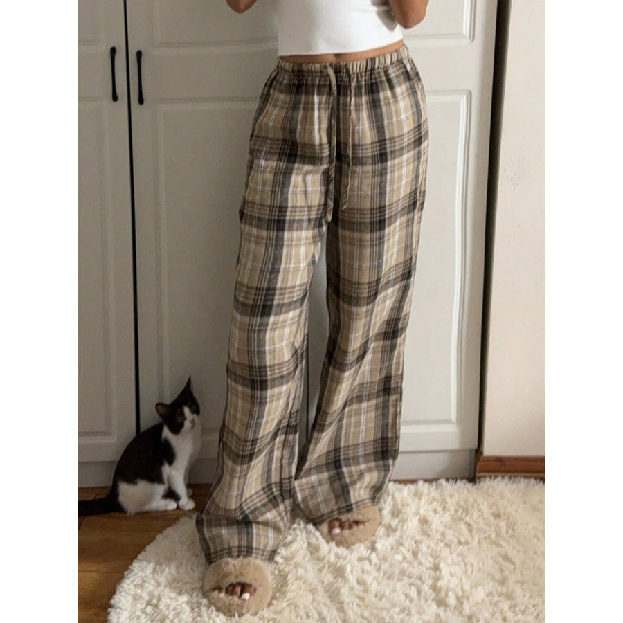 Drawstring Plaid Wide Leg Pants Apparel and Accessories