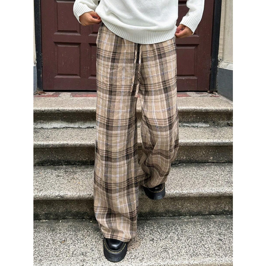 Drawstring Plaid Wide Leg Pants Apparel and Accessories