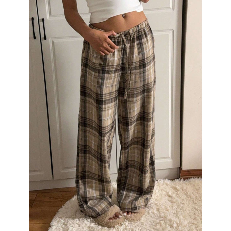 Drawstring Plaid Wide Leg Pants Tan / S Apparel and Accessories