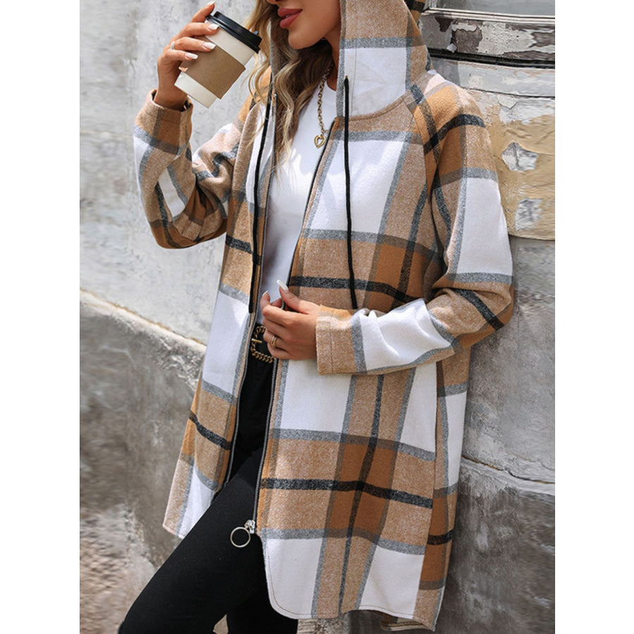 Drawstring Plaid Zip Up Long Sleeve Hooded Outerwear Apparel and Accessories