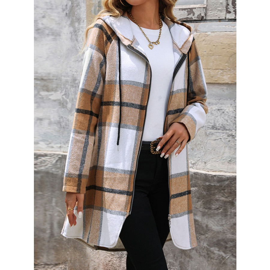 Drawstring Plaid Zip Up Long Sleeve Hooded Outerwear Apparel and Accessories