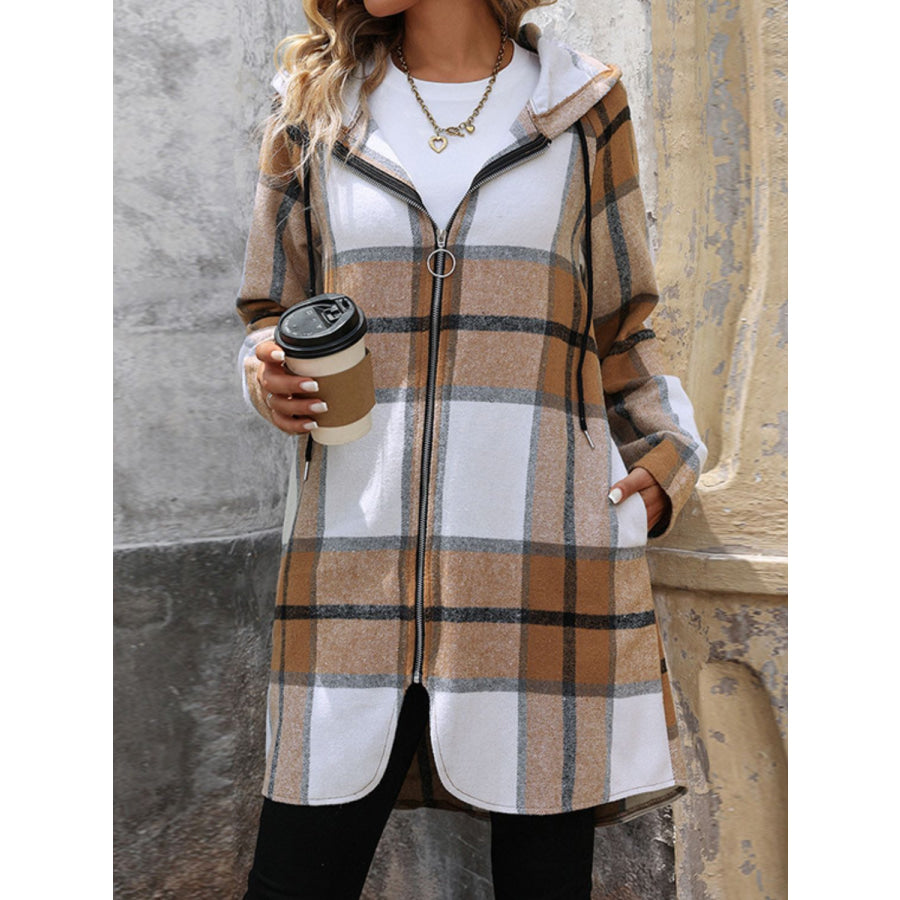 Drawstring Plaid Zip Up Long Sleeve Hooded Outerwear Apparel and Accessories