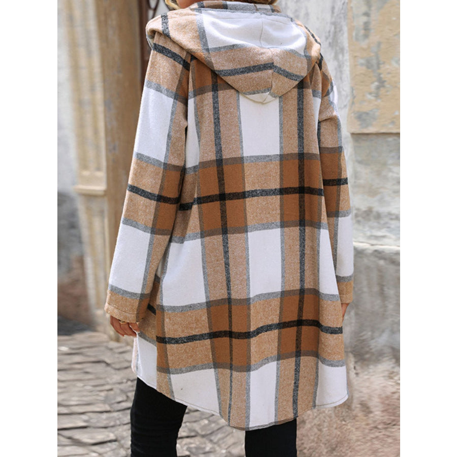 Drawstring Plaid Zip Up Long Sleeve Hooded Outerwear Apparel and Accessories