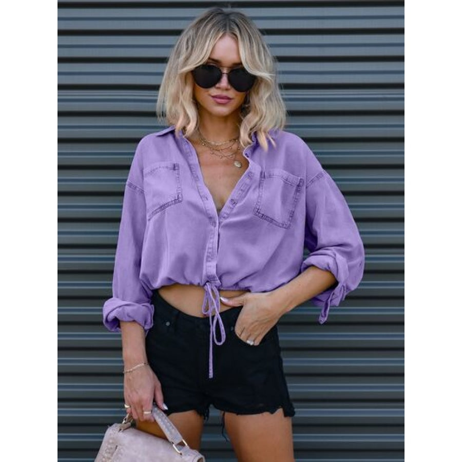 Drawstring Pocketed Button Up Denim Top Lavender / S Clothing