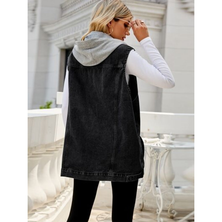 Drawstring Pocketed Button Up Sleeveless Denim Jacket Apparel and Accessories