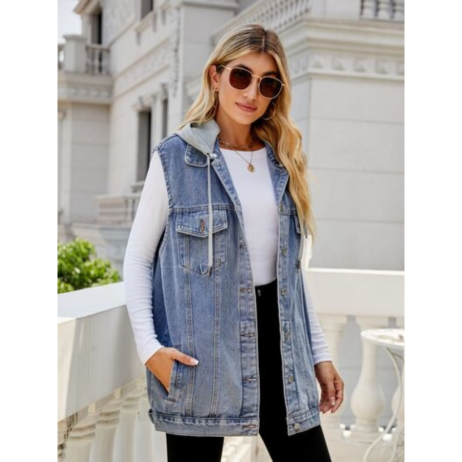 Drawstring Pocketed Button Up Sleeveless Denim Jacket Apparel and Accessories