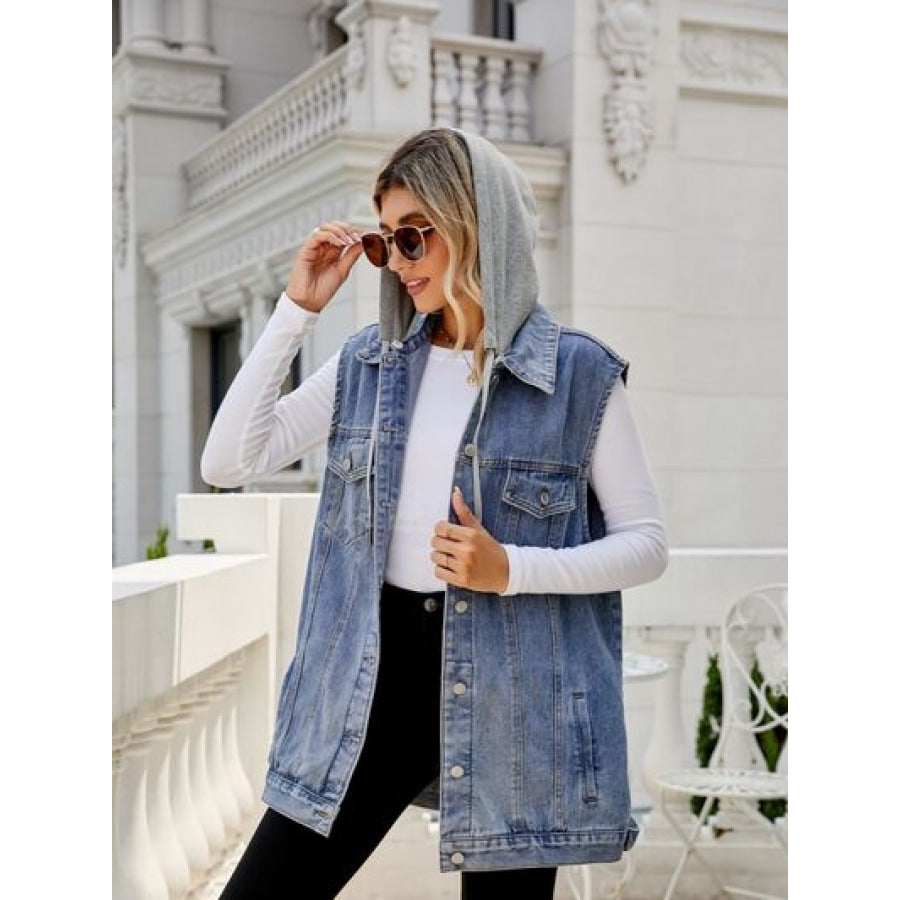 Drawstring Pocketed Button Up Sleeveless Denim Jacket Apparel and Accessories