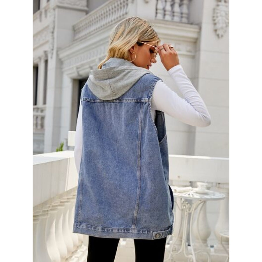 Drawstring Pocketed Button Up Sleeveless Denim Jacket Apparel and Accessories