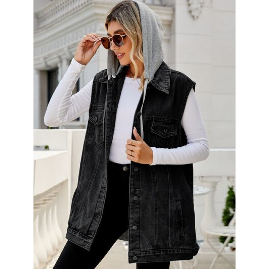 Drawstring Pocketed Button Up Sleeveless Denim Jacket Apparel and Accessories