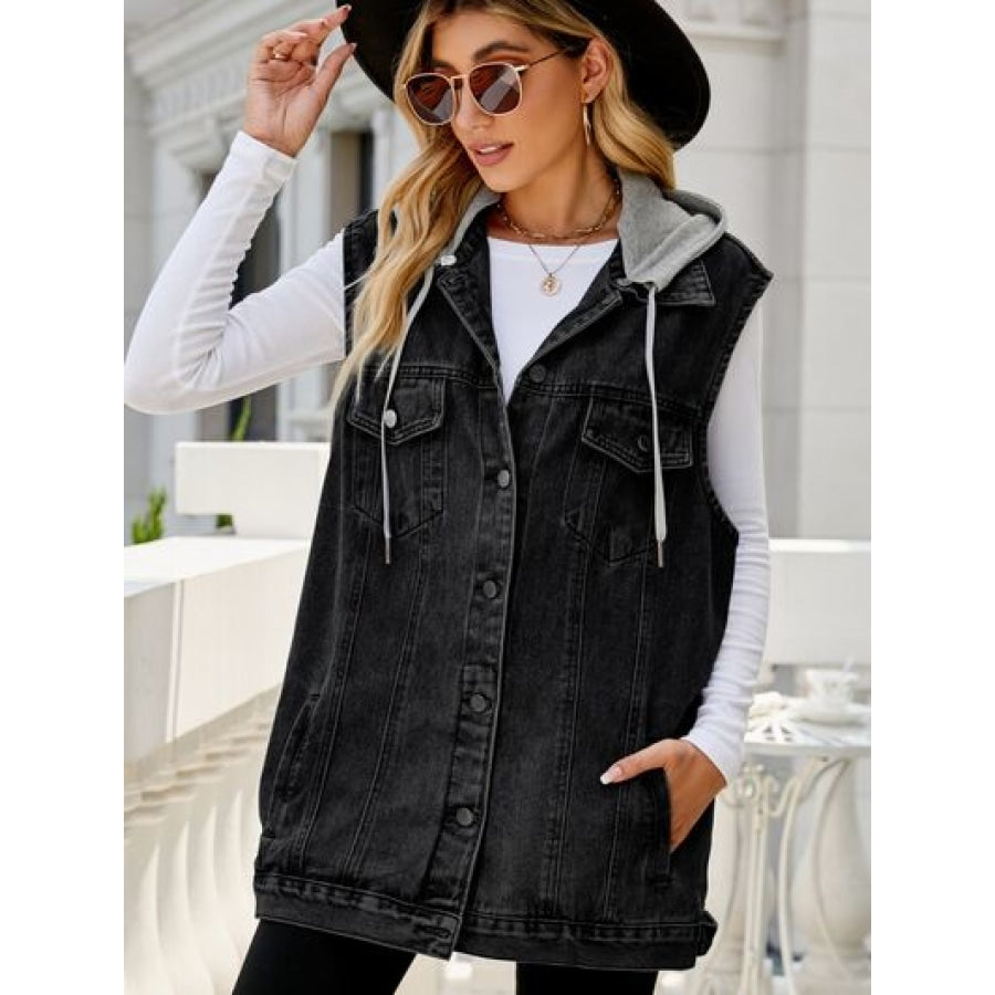 Drawstring Pocketed Button Up Sleeveless Denim Jacket Black / XS Apparel and Accessories