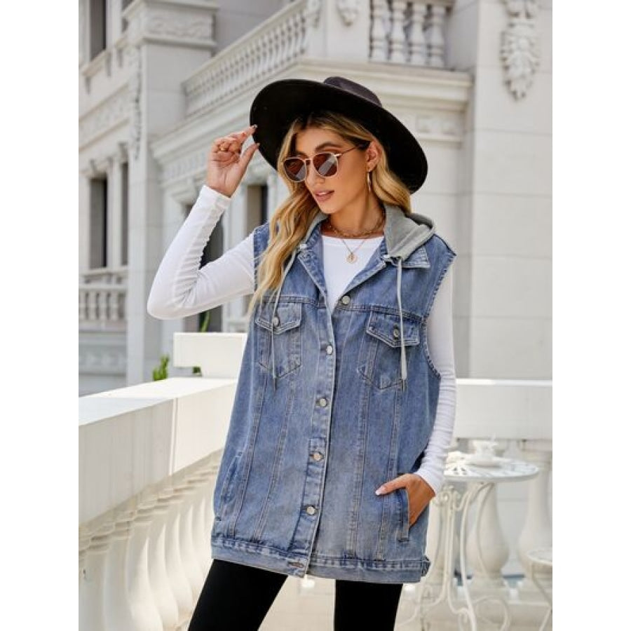 Drawstring Pocketed Button Up Sleeveless Denim Jacket Dusty Blue / XS Apparel and Accessories